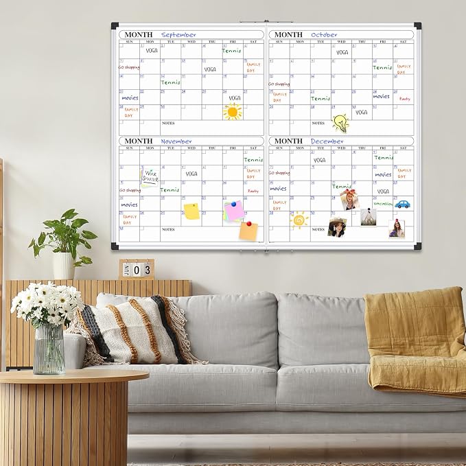 XBoard Magnetic Calendar Whiteboard 48x36 inch, 4 Month Dry Erase Board Planner with Silver Aluminium Frame, Foldable White Board Calendar for Home School Office Organization