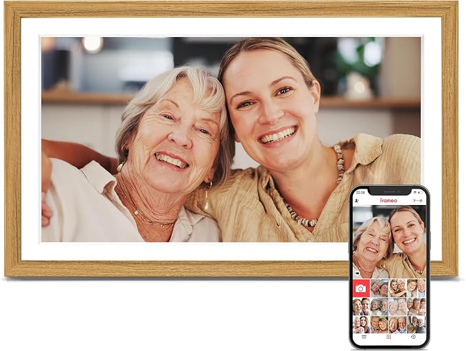 Frameo 15.6 inch Digital Picture Frame WiFi Wood, 1920 * 1080 IPS FHD Touchscreen Large Digital Photo Frame, 32GB Storage, Instant Share Photo Video, Wall-Mountable & Tabletop Display, Gift for Mom