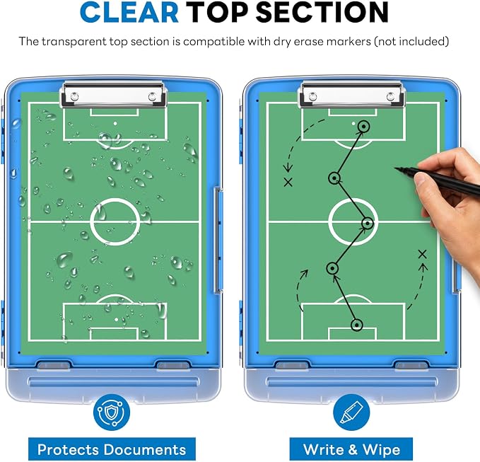 Clipboard with Storage and Pen Holder, Blue 8.5 x 11'' Folder Side Open, Heavy Duty with Dual Compartment, Clear Dry Erase for Coach, Size 14.5 x 9.8 x 1.5'', Office & School Supply