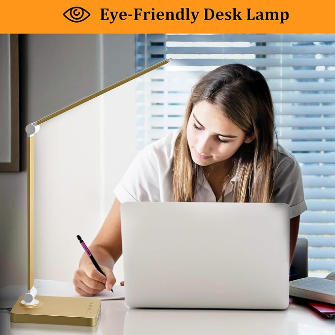LED Desk Lamp with USB Ports,Touch Desk Lamps for Home Office with 5 Modes | 3 Brightness Desk Light with Small Night Light,Reading Lamp Table Lamp for Bedroom Bedside Study Gold （with adapter）