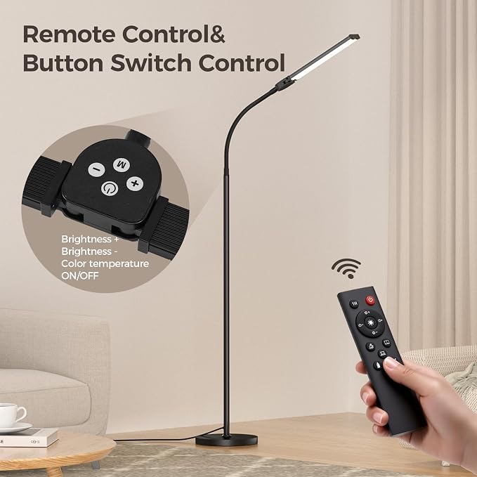 LED Floor Lamp for Living Room,Bright Reading Lamps for Office | 5 Adjustable Colors Temperatures&Brightness, Dual Head Goose-Neck Standing Lamp, Remote Control, Eye Caring Tall Lamp, Black