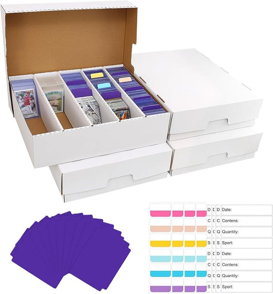 5 Row Trading Card Storage Box,3950-count Cardboard Storage Box with 32 Pcs Dividers+48 Pcs index Labels for Mtg, Tcg, Sports Cards (4 Pack-Large)