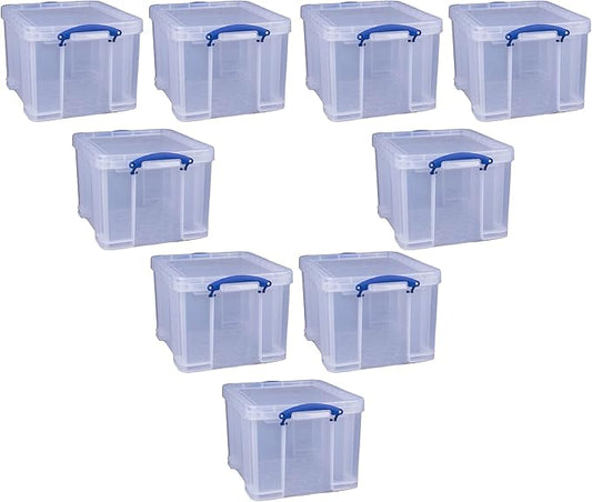 Really Useful Box 32 Liters Storage Bin Container with Snap Lid and Clip Lock Handles for Lidded Home and Office Storage Organization, 9 Pack