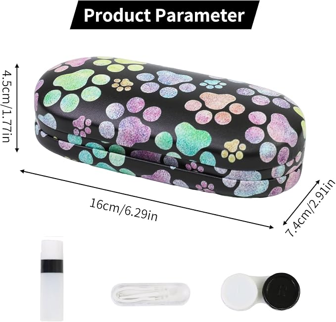 2 in 1 Contact Lens Case and Eyeglasses Case for Women Men Kids, Double Sided Hard Shell Portable Glasses Travel Holder with Built-in Mirror, Contact Lens Box Storage Kit (Multicolor Paw)