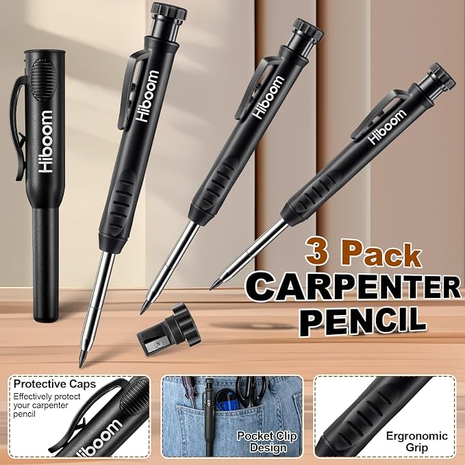 Hiboom 3 Pack Carpenter Pencil with 24 Refills Built In Sharpener,Black | Concrete Wood Metal, Deep Marking, Multi-Color Refills, 2.8mm Lead, Construction Work, Waterproof, Carpenter Builder DIY