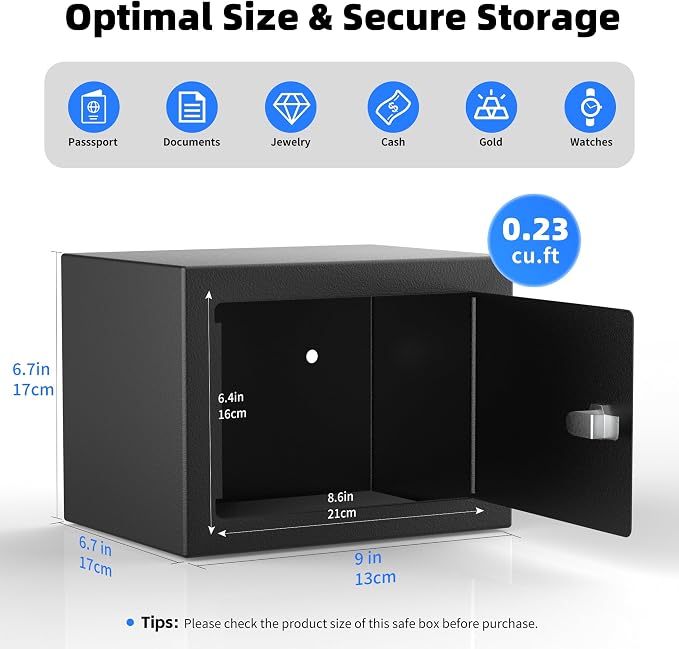 CDC DIGI Steel Security Safe Box with Key Lock,Safe Box for Home, Office, Money, Jewelry, Documents and Valuables, 0.23 Cubic Feet, 9.06" W x 6.69" D x 6.69" H, Black