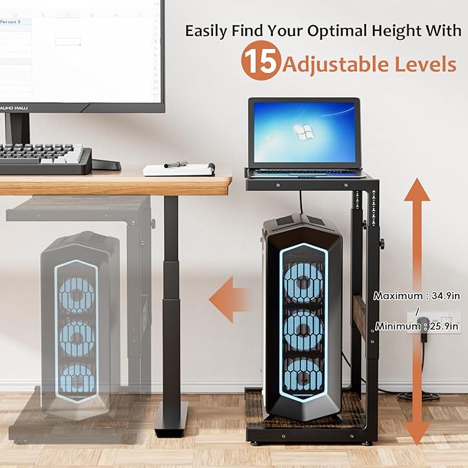 JANE EYRE Computer Tower Stand - Adjustable PC Tower Stand with Charging Station CPU Holder with Wheels for Home Office Gaming, Upgraded Large Size 25.9" to 34.9" Height