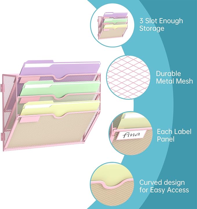 3 Tier Wall File Organizer, Hanging Wall Mounted Mail Organizer with Label Slots, Metal Mesh File Holder Magazine Rack for Office, Home, School, Pink