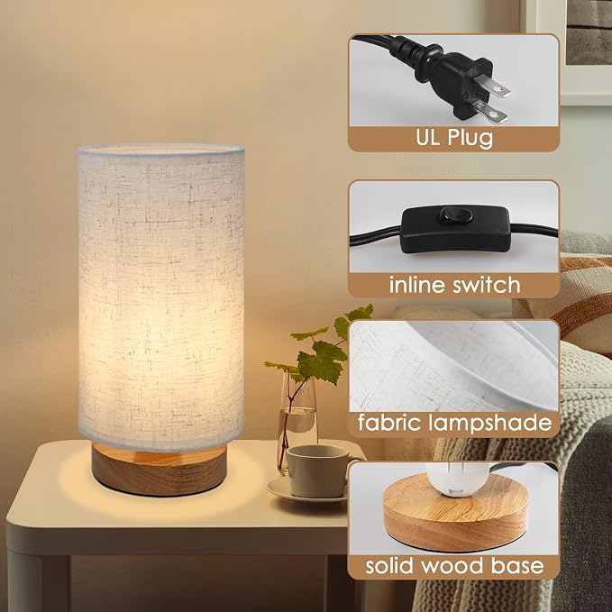 Table Lamps for Bedrooms Set of 2, Minimalist Bedside Lamps Set with Round Fabric Linen Shade,Reading Small Desk Lamp Set of 2 for Kids Room, Night Nightstand Lamp Set for Living Room, Office