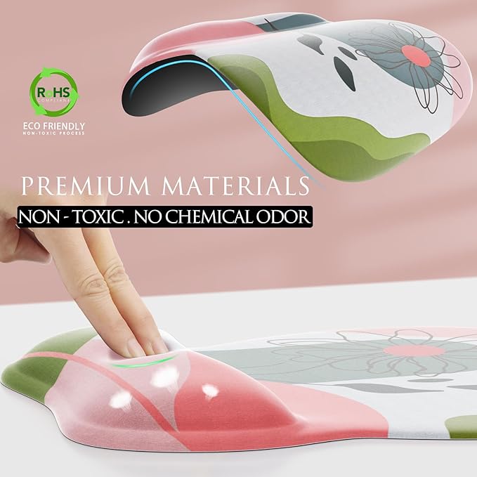 MROCO Ergonomic Mouse Pad with Gel Wrist Rest, 9.4 x 8.1 in, Pastel Petals | Ergonomic Shape Design, Multiple Pattern Options, Gel Wrist Comfort, Smooth Lycra Surface, Non-Slip PU Base