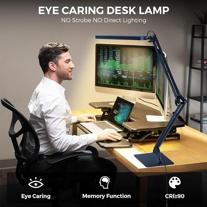 LED Desk Lamp with Slim Base - Adjustable Swing Arm Desk Light, Dimmable, Timer, Eye Protection, Memory Function, 1300LM, 12W, Blue