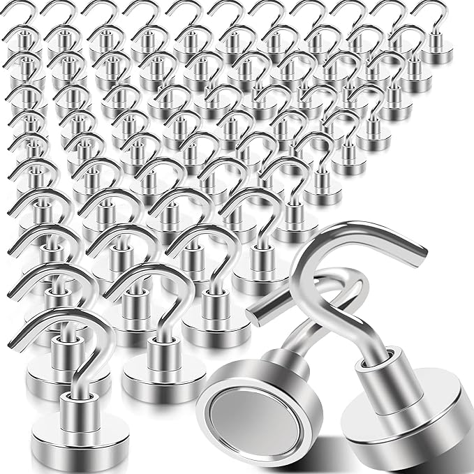 MIN CI 68Pack Super Strong Magnetic Hooks, 25lbs Heavy Duty Magnetic Hook for Hanging, Rare Earth Neodymium Magnet Hooks, for Cruise Ship Camping Grill Kitchen Fridge Garage Wall