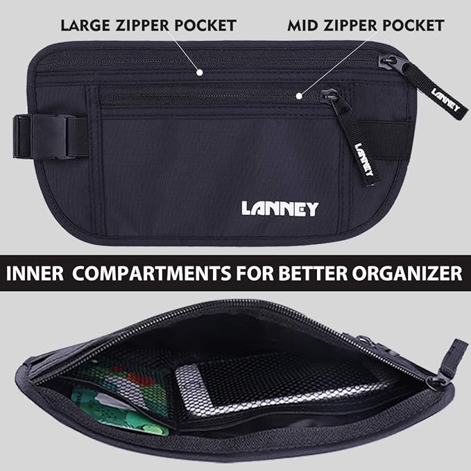 Money Belt for Travel, Slim RFID Blocking Women and Men hidden Travel Pouch Under Clothes, Passport Holder Protect Cash, Documents, Credit Card, Black, Bonus 2 RFID Sleeves
