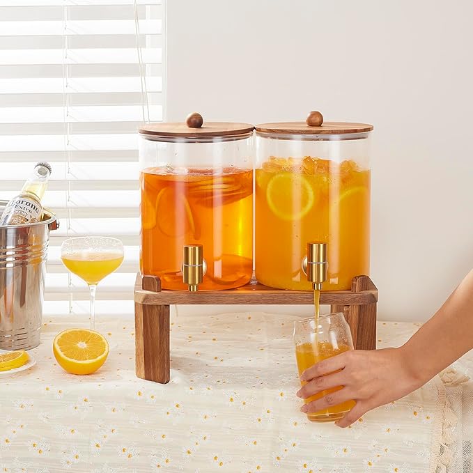 FavorFlavor Glass Drink Dispenser for Party: 2p 1 Gallon Dispenser w/Stand | 4L large capacity-Stainless Steel Spigot-Beverage Container for Lemonade/Juice/Sun Tea-Ideal for Home Gatherings&Party Drink