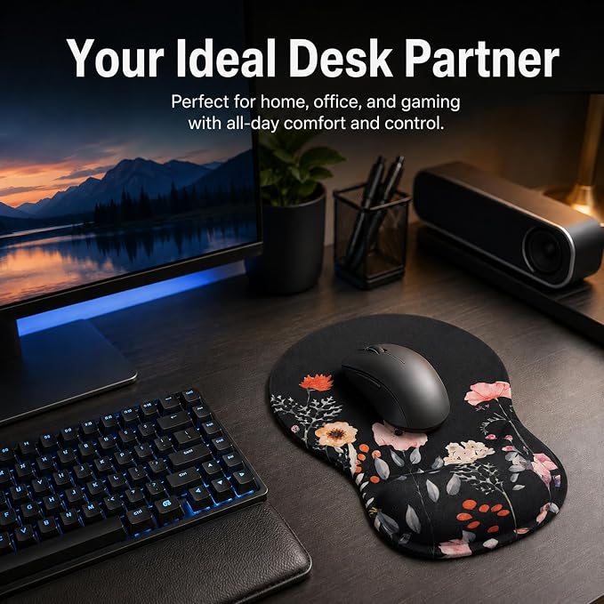 Mouse Pad with Wrist Rest Ergonomic Memory Foam Support, Non-Slip Rubber Base, Comfortable Typing Cushion for Home Office Computer Laptop, Flower Black