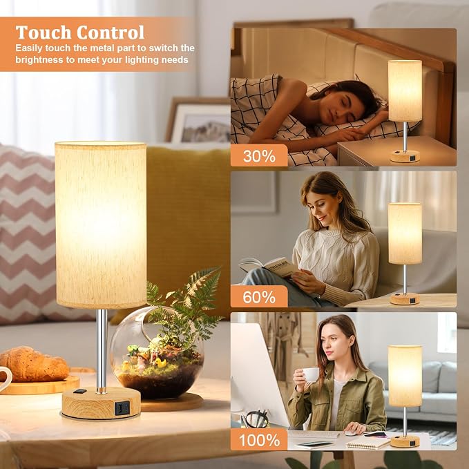 Touch Bedside Table Lamps Set of 2 - Bedroom Lamp with USB A+C, AC Outlet | 17" Tall Nightstand Lamp for Dorm, 3-Way Dimmable, LED Bulb Included, Linen-Texture Fabric Lampshade, Wood-Grain Metal Base