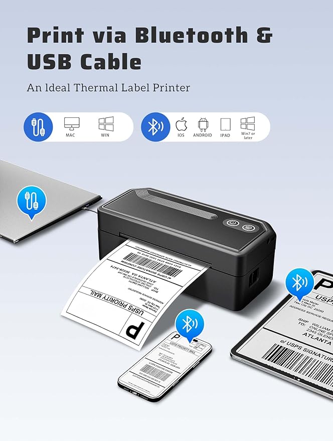 Shipping Label Printer 4x6, Bluetooth Thermal Label Printer for Small Business, Warehouse or Home Office, Compatible with Windows iOS Android Mac, USPS Amazon Ebay Etsy Black