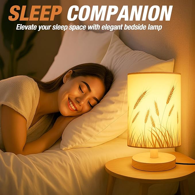 Desk Lamp LED Bulb Included, Small Bedside Table Lamp Plug-in - Classic Wood Base with Flaxen Fabric Shade, Lamps for Night Stands, Simple Nightstand Light for Bedroom, Office, Desk