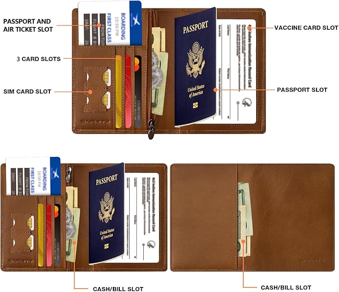 BAPHITY Unisex Leather RFID Blocking Vacation Passport Organizer, Red Brown | Top-Grain Leather, RFID Blocking, Multi Slots (3+2 SD), Slim, Unisex Multi-Function Holder, Travel Sleeve