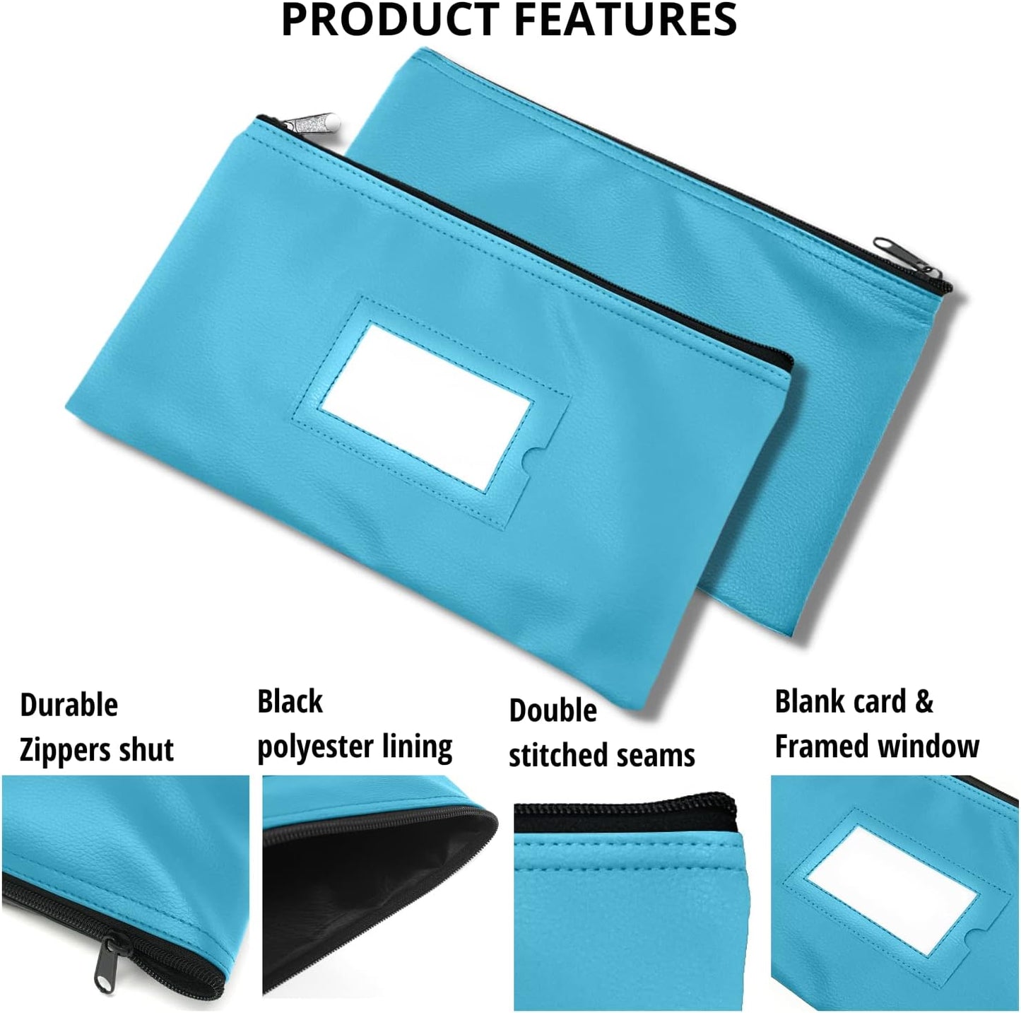 Money Bank Deposit Bag with Zipper | 11x6 inch | Light Blue | Durable Leatherette Money Cash Coin Check Wallet Pouch for Men & Women with Framed ID Window and Blank Card | by GIDABRAND (7)