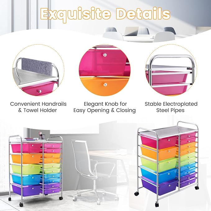 COSTWAY 15 Drawer Rolling Storage Cart, Mobile Storage Organizer | Removable Drawers & Metal Frame, Multipurpose Utility Tools Paper Organizer on Wheels for Home, Office (Rainbow)