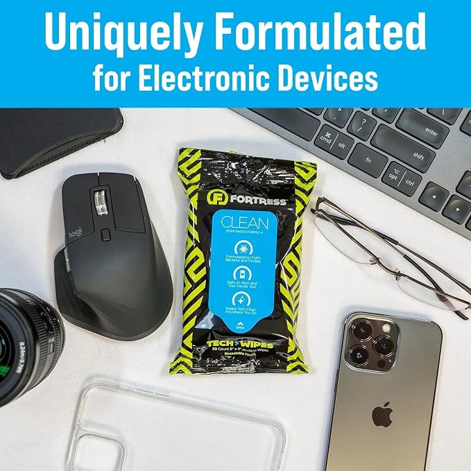 Fortress Electronic Wipes (25 ct, Pack of 10) To-Go Tech Wipes for Screens, Phones, Keyboards, TV Monitors, Computer Screens, and More [Travel Size] Skin-Safe