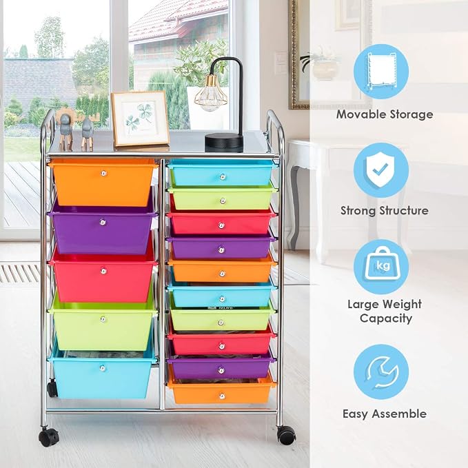 RELAX4LIFE 15 Drawer Rolling Storage Cart, Mobile Drawer Carts for Craft Art Supply Paper Salon, Utility Cart on Wheels for Classroom Teacher School Office, Rolling Cart with Drawers (Multi-Color)