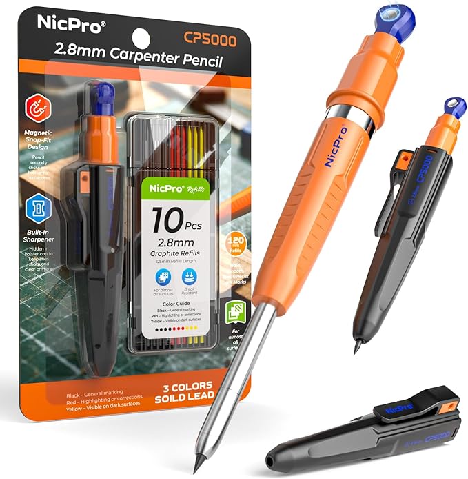 Nicpro 7-in-1 CP5000 Magnetic Carpenter Pencils with Sharpener and Holster | 2.8mm Construction Pencil+10 Refills, Deep Hole Marker for Construction, Woodworking Pencils with Strong Magnet Pickup Cap