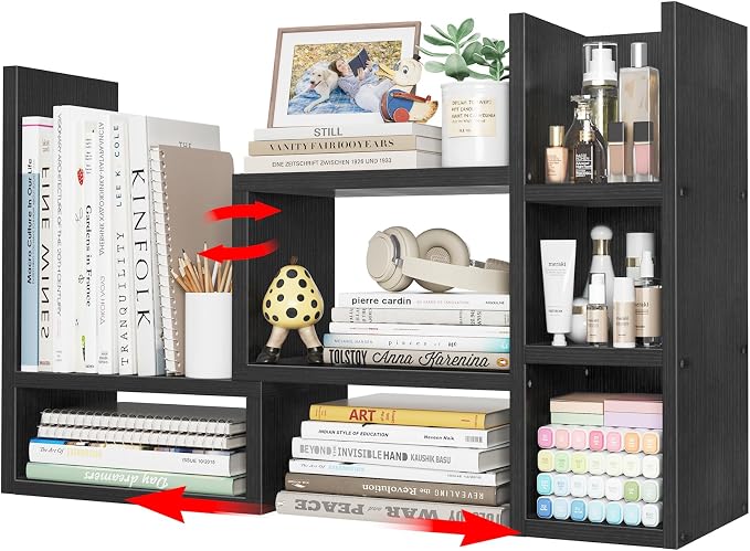 NUTIKAS Desk Shelves Desktop Organizer Shlef - Black Office Organization for Top of Desk Organizers and Accessories Corner Bookshelf Table Top Shelving Small Hutch Decorations for Office