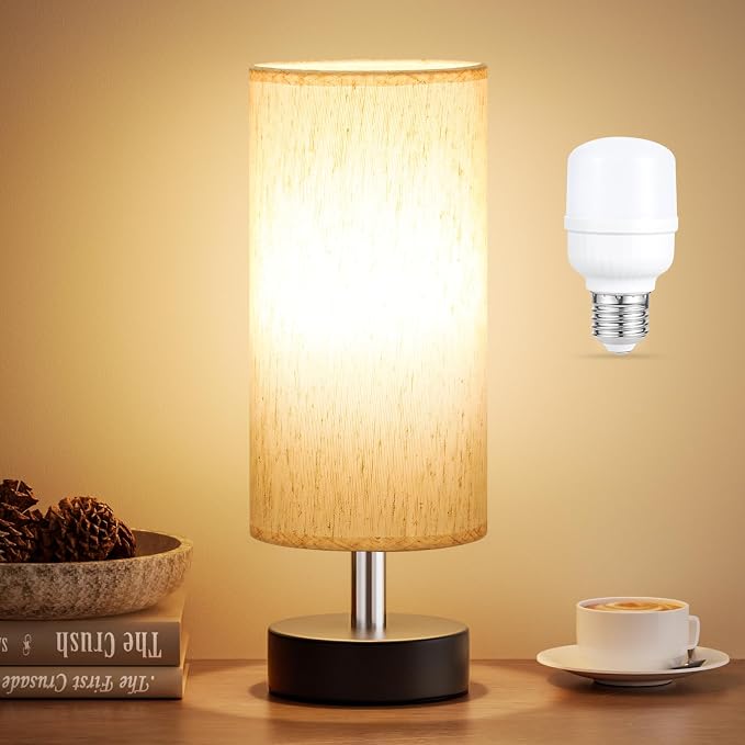 Table Lamp for Bedroom - Bedside Lamps for Night Stands（Blub Included） | Minimalist Desk Lamp | Linen Fabric Shade | for Living Room | for Dorm | 11.6" Inline Control