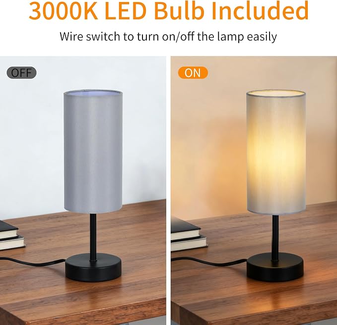 RISLG 2 Pack Small Table Lamps for Bedroom, Bedside Lamps for Nightstand with Wire Switch, Minimalist Modern Desk Lamps with Linen Fabric Shade for Kids Room Living Room Office Dorm, Bulb Included