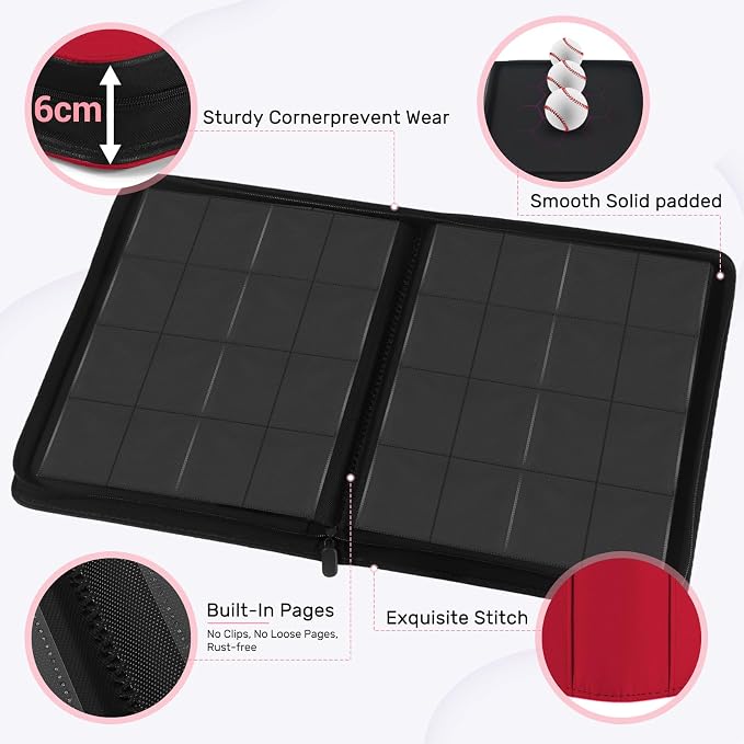 1000+ Pockets Trading Card Binder, 16 Pocket Zipper Binder Card Album, 32 Pack Double-sided Side Loading Non-Ring Card Binder, Card Holder Folders for MTG, TCG, Game Cards & Sports Cards, Red