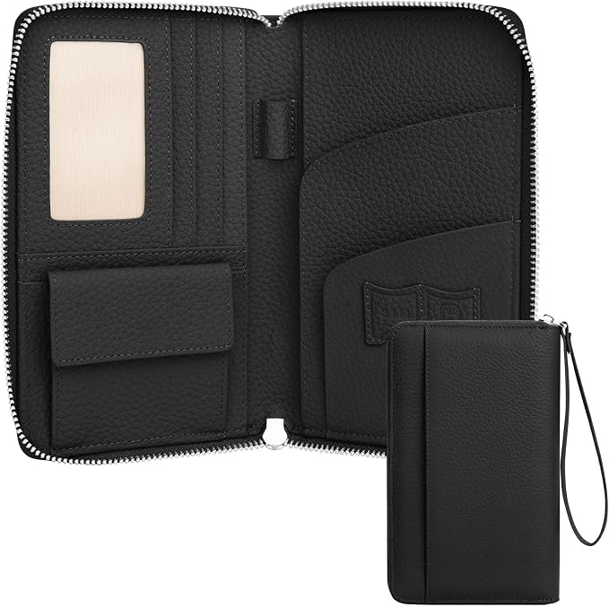RFID Passport Holder for Travel Family with Coin Pocket, Black | Leather Passport Cover for 2, Travel Document Organizer with Wrist Strap & 24 Card Slots, for Women Men