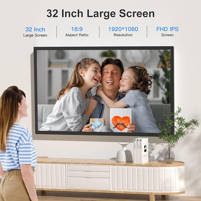 32-Inch 64GB Extra Large Digital-Picture-Frame - 1920x1080 IPS 1080P FHD WiFi Digital Photo Frame, Remote Control, Sync Smartphone Screen, Load Photos Videos from Phone via App Email, Gift for Mom Dad