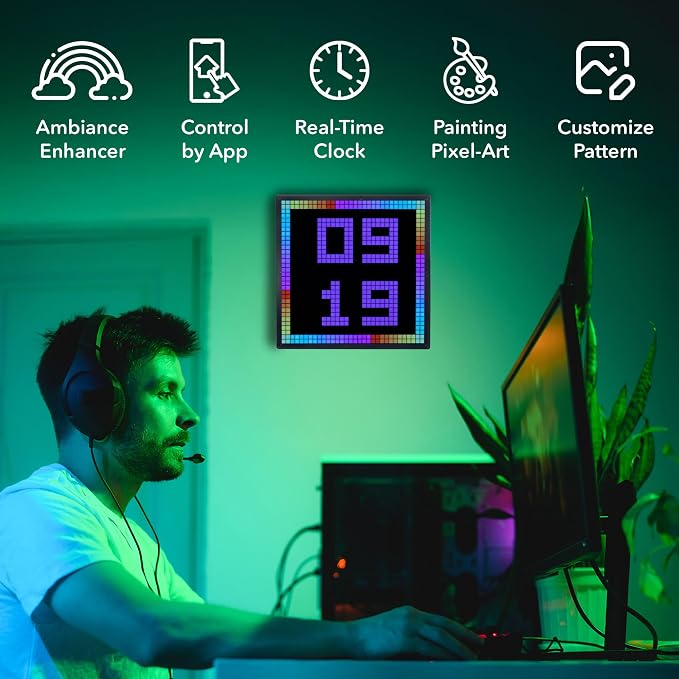 Merkury Innovations Tech Solutions Smart Bluetooth Pixel Frame – 32x32 Programmable RGB LED Display for Art, Animations, Digital Clock, DIY Decor, and Gaming Accessories
