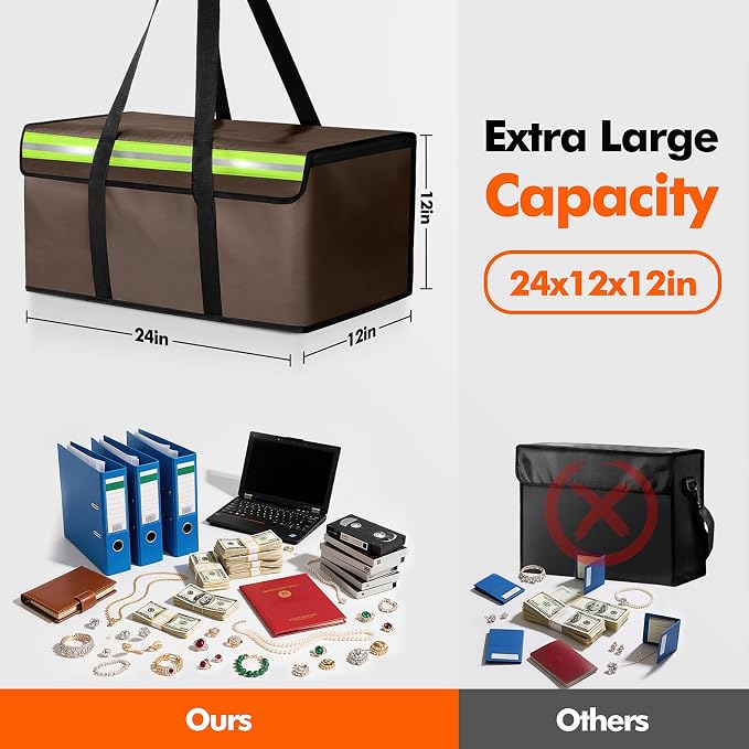Large Fireproof Document Bag for Home Safe Storage, 24 x 12 x 12in, Brown | 2000°F fireproof document box, 4-layer fiberglass important document storage for photo, file and cash with reflective strip
