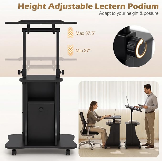 Tangkula Rolling Lectern Podium Stand, Height Adjustable Laptop Table with Tilting Tabletop & Storage Shelves, Compact Standing Desk with Lockable Casters for Home Office School (Black)