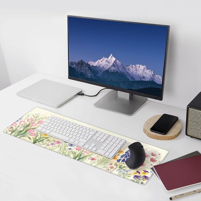 Watercolor Flowers Gaming Mouse Pad Extended Desk Mat 31.5x11.8in | Gaming Mousepad, Non-Slip Rubber Base, Large Keyboard Pad with Stitched Edges, Desktop Protector, for Office Home
