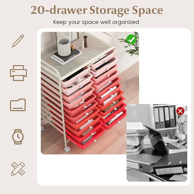 COSTWAY 20-Drawer Rolling Storage Cart, Utility Storage Organizer Cart | For Tools, Scrapbook, Paper, Craft, Multipurpose Storage Trolley on Wheels for Home Office School (Mixed Pink)