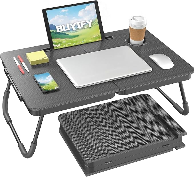 BUYIFY 23.4" Foldable Lap Desk Bed Table with Cup Holder Tray Charcoal | Portable Folds Flat for Easy Storage, No Assembly Laptop Bed Desk, Sturdy and Lightweight, Patent Design