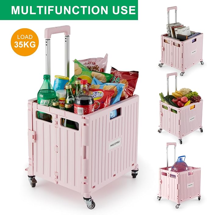 MACOPRO Folding Utility Cart Portable Rolling Crate Handcart Shopping Trolley Collapsible Tool Box, with Lid, Basket on 4 Rotate Wheels, for Grocery, Shopping, Office, Teacher (Pink)
