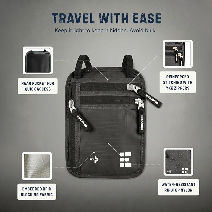 Zero Grid RFID Travel Neck Wallet, Large Passport Holder, Dark Grey | Slim & Concealable Travel Pouch for Men & Women; Holds Phone, Cash, Cards, Keys, Waterproof; 4 compartments; Adjustable Strap