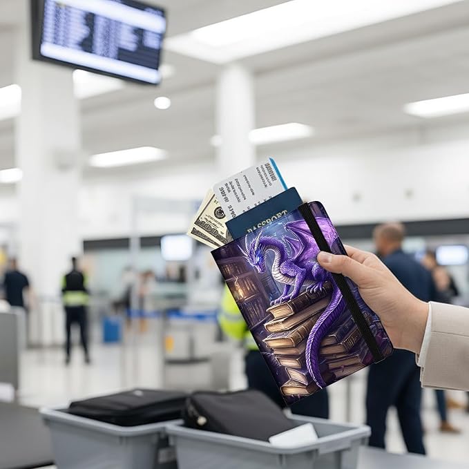 Passport Holder Wallet Cover Case,RFID Blocking Passport Cover,Large Capacity Travel Wallet with Multi Card Slots (Purple Dragon Reading Book)