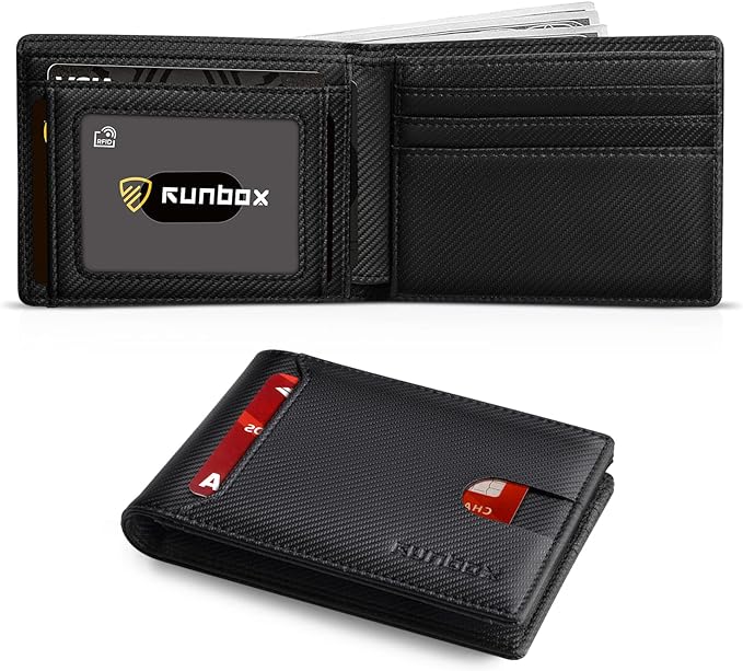 RUNBOX Wallet for Men, Slim Leather Bifold, RFID Blocking Card Holder | Minimalist Front Pocket Design, Credit Card Organizer, Holds 11 Cards, Large Capacity, Thin Profile, Birthday Gifts for Men