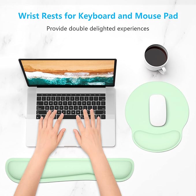 Dapesuom Keyboard Wrist Rest and Mouse Pad with Wrist Support, Memory Foam Cushion for Keyboard and Mouse Set, Ergonomic Desktop Pad Rests with Non Slip Base for Easy Typing & Pain Relief, Lake Green
