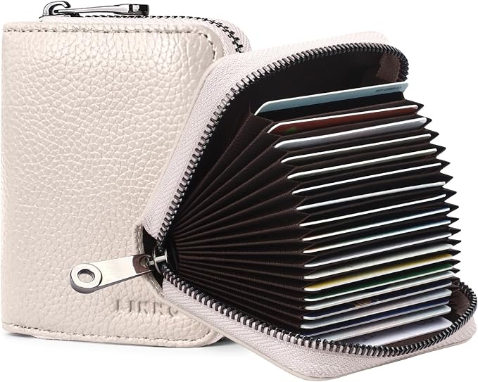 Linno RFID 20 Slots Credit Card Holder Genuine Leather Small Wallet for Women or Men with Zipper