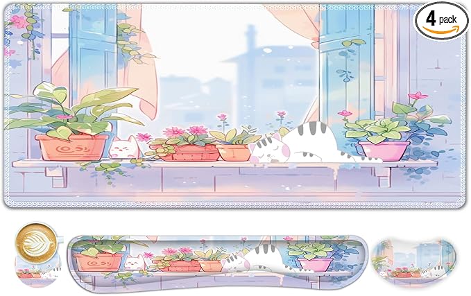 ToLuLu Extended Gaming Mouse Pad, Ergonomic Keyboard Mouse Wrist Rest Set | Large Desk Mat with Stitched Edges, Non-Slip Base Memory Foam Support Mousepad for Home Office and Game, Purple Cute Cat