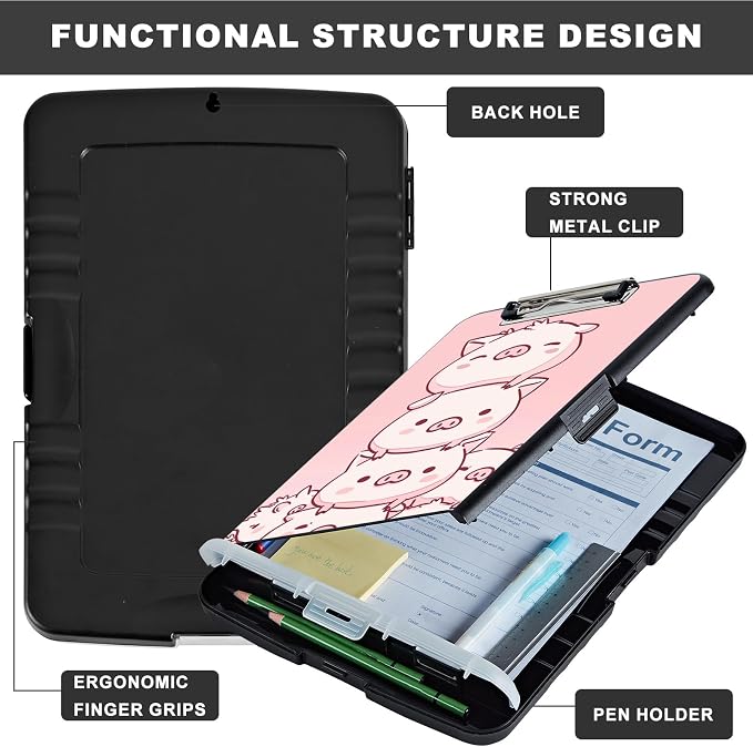 Clipboard with Storage,Storage Clipboard with Pen Holder,Heavy Duty Plastic Storage Clipboard with Low Profile Clip,Teacher Must Haves,Clipboard Folder,Office Supplies,Cute Pink Pigs -1362