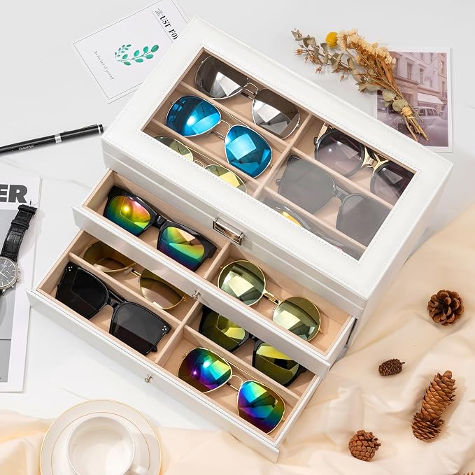 ProCase 3-layer Sunglasses Storage Organizer, 18 Slots Leather Sunglass Box Multiple Pairs Eyeglass Cases Eye Glass Eyewear Display Holder for Men Women, Valentine's Day Gift -White
