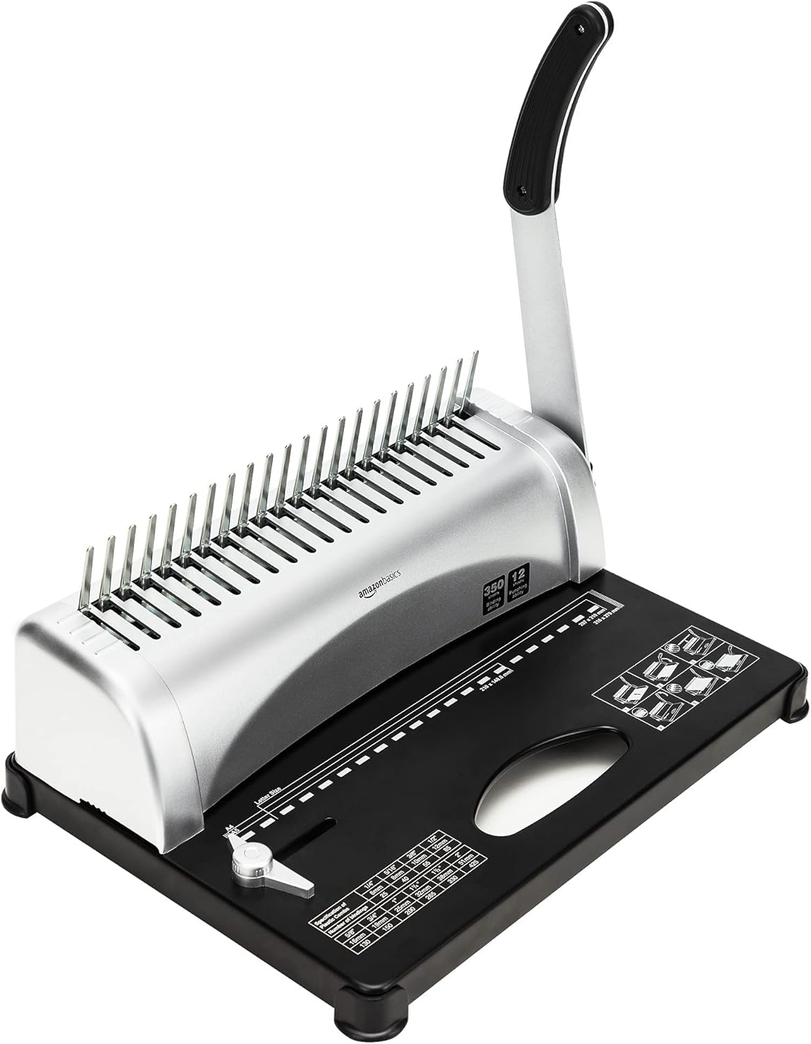 Amazon Basics Comb Binding Machine, 350 Sheets Capacity, for paper sizes A5(15 holes)/Letter(19 holes)/A4(21 holes) with Adjustable Margin, Grey
